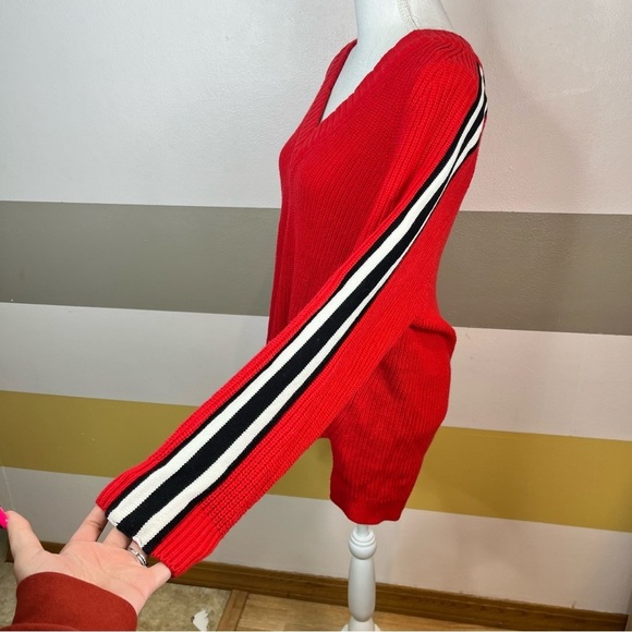 2/$25 Express Bright Red Striped Knit Woven Pullover Bold Chunky Thick Sweater S - Picture 6 of 15